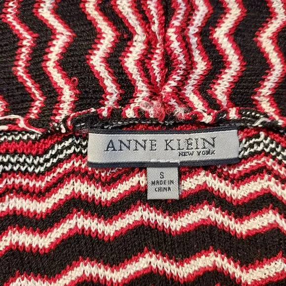 Anne Klein Chevron Cardigan Sweater size Small Open Front Tie Belt Red Black - Picture 7 of 11